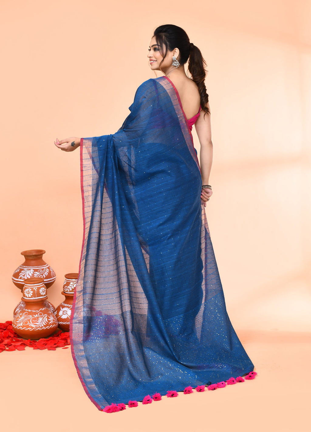 Piyari Fashion Women`s Cotton Handloom Deep Turquoise Sequin Saree With Blouse - Distacart