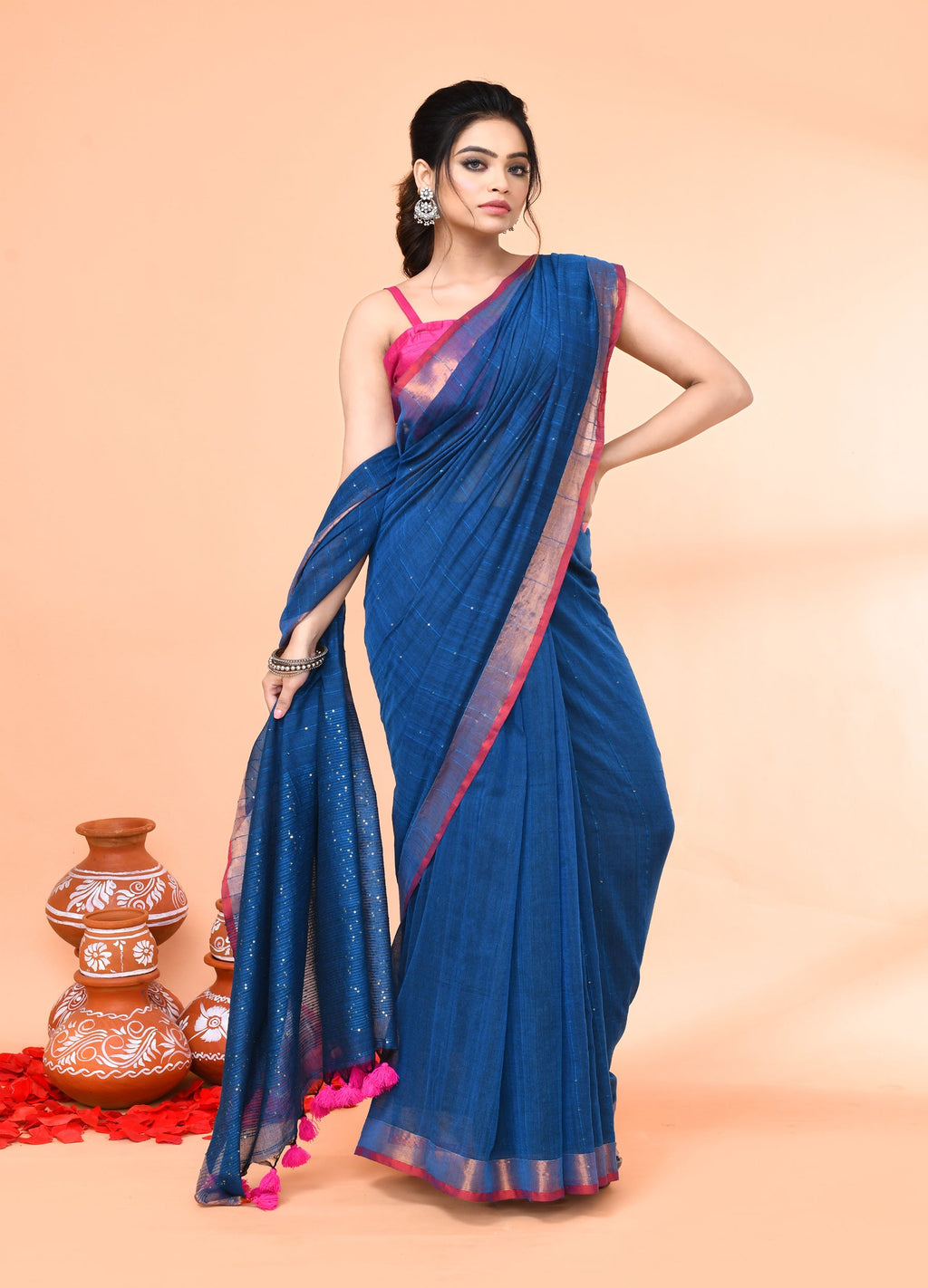 Piyari Fashion Women`s Cotton Handloom Deep Turquoise Sequin Saree With Blouse - Distacart