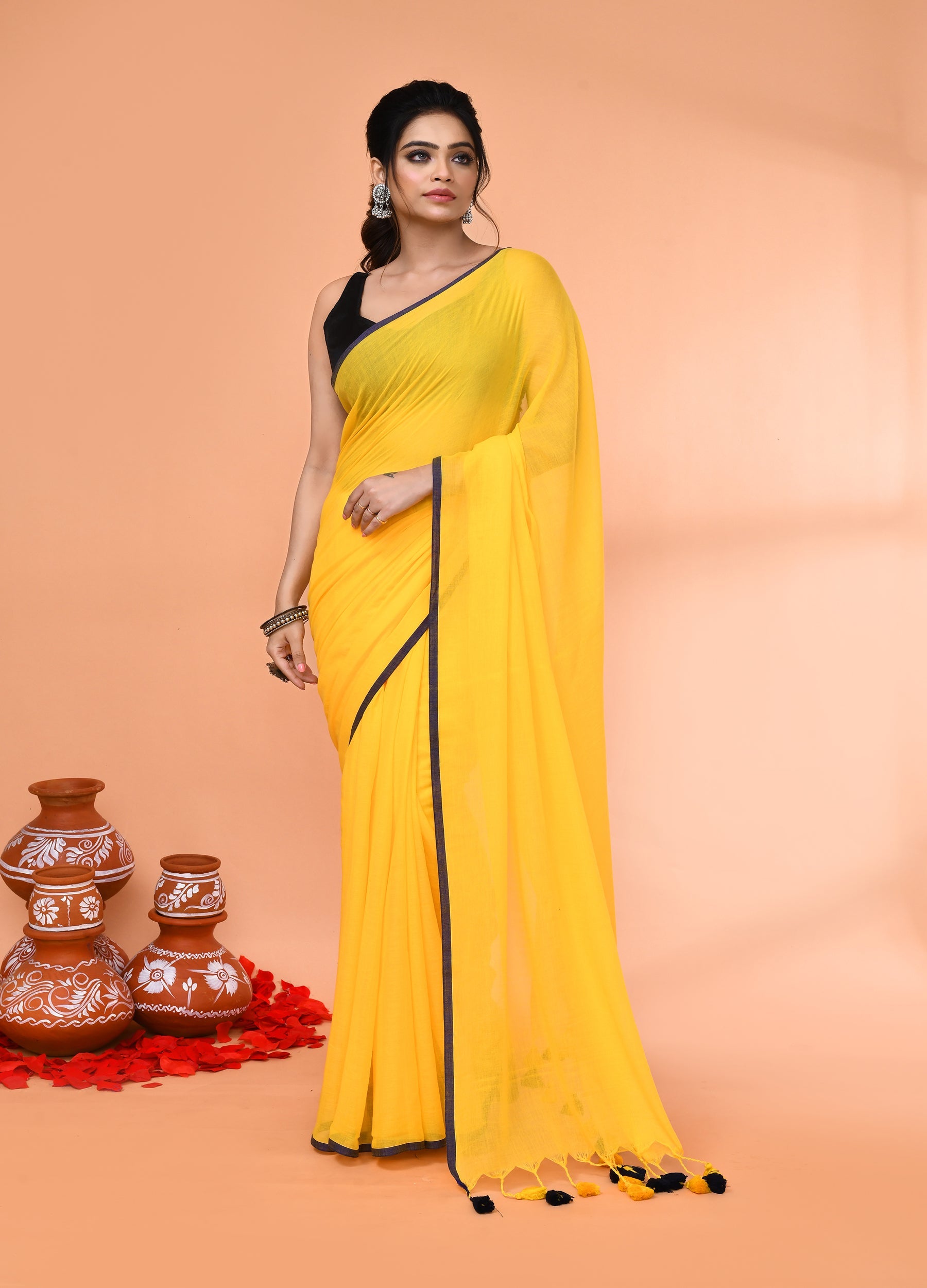 Piyari Fashion Yellow Mulmul Cotton Saree With Tassels - Distacart