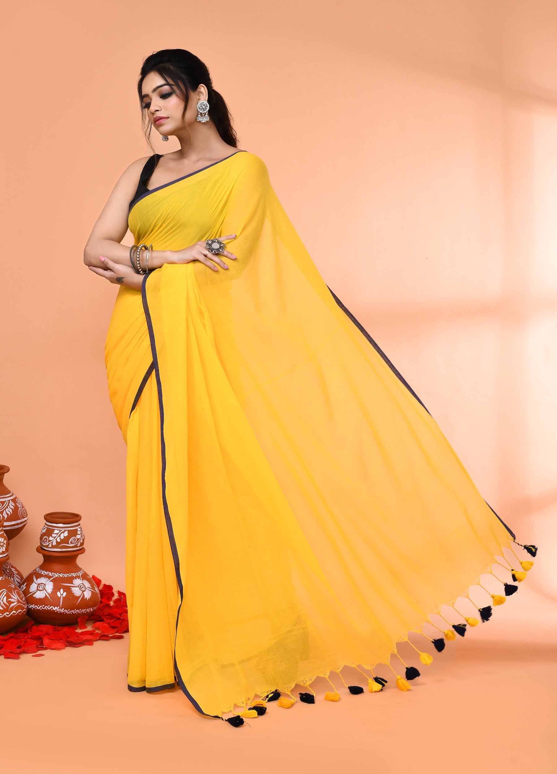 Piyari Fashion Yellow Mulmul Cotton Saree With Tassels - Distacart