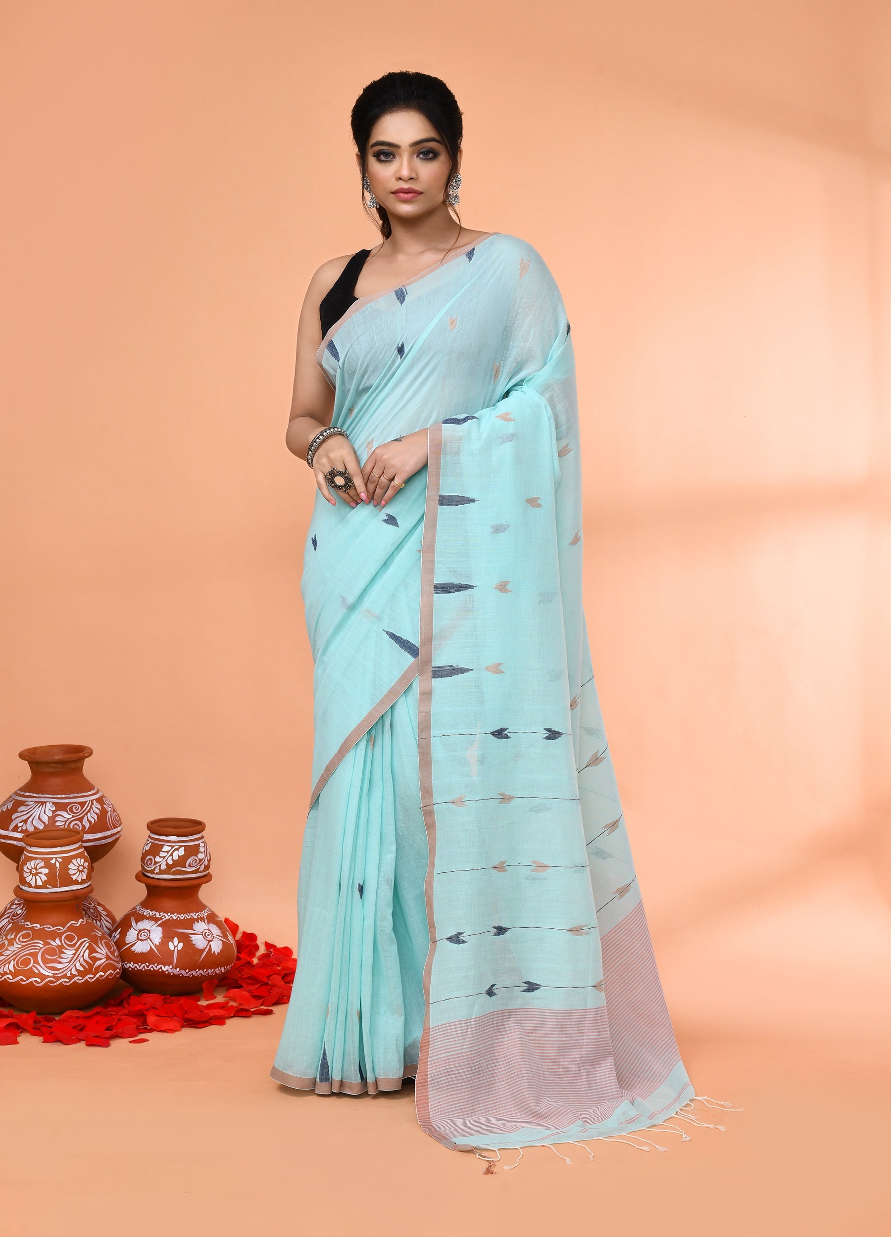 Piyari Fashion Women`s Light Sky Blue Cotton Handloom Jamdani Saree With Blouse - Distacart
