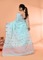 Piyari Fashion Women`s Light Sky Blue Cotton Handloom Jamdani Saree With Blouse - Distacart