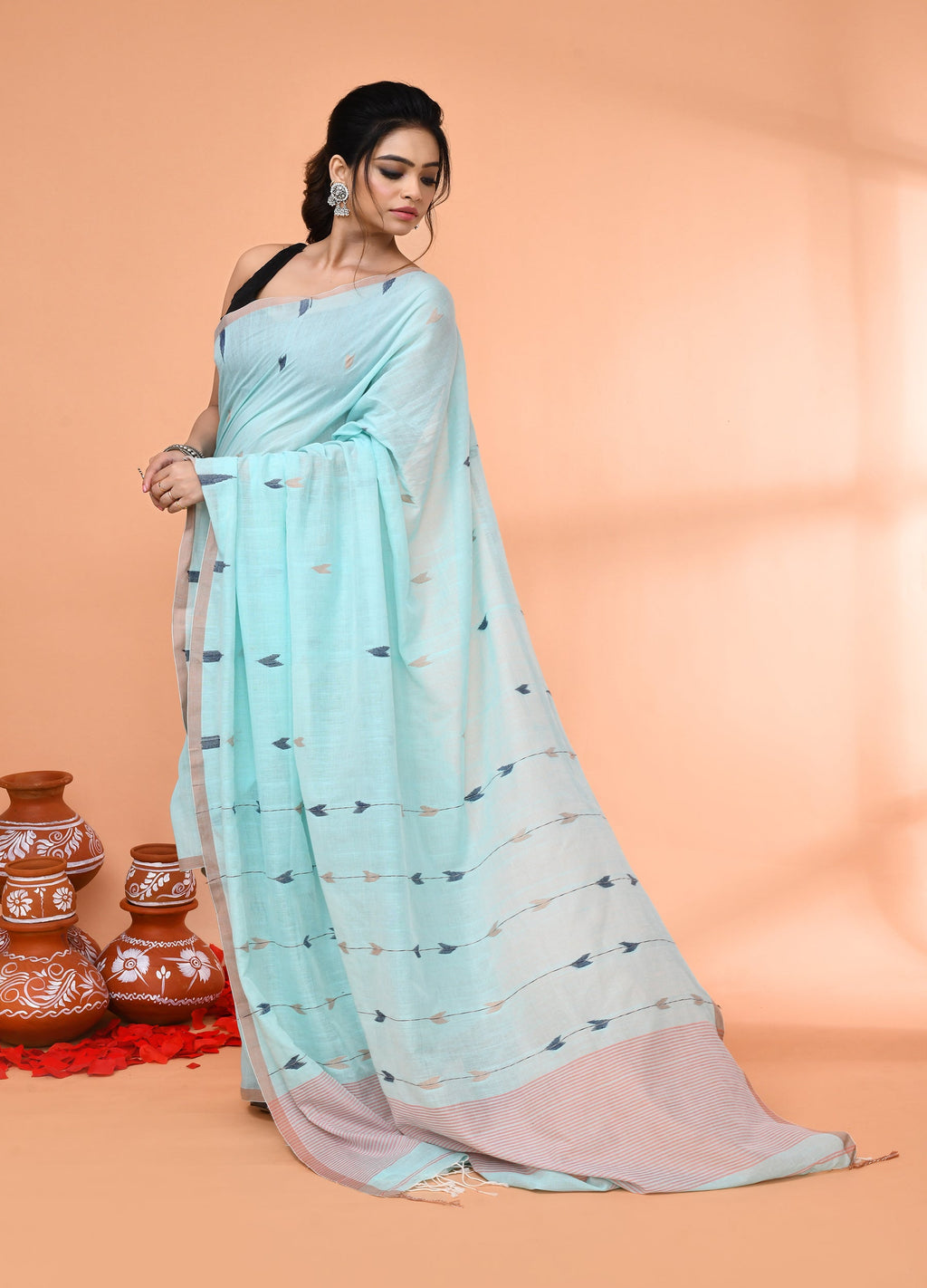 Piyari Fashion Women`s Light Sky Blue Cotton Handloom Jamdani Saree With Blouse - Distacart