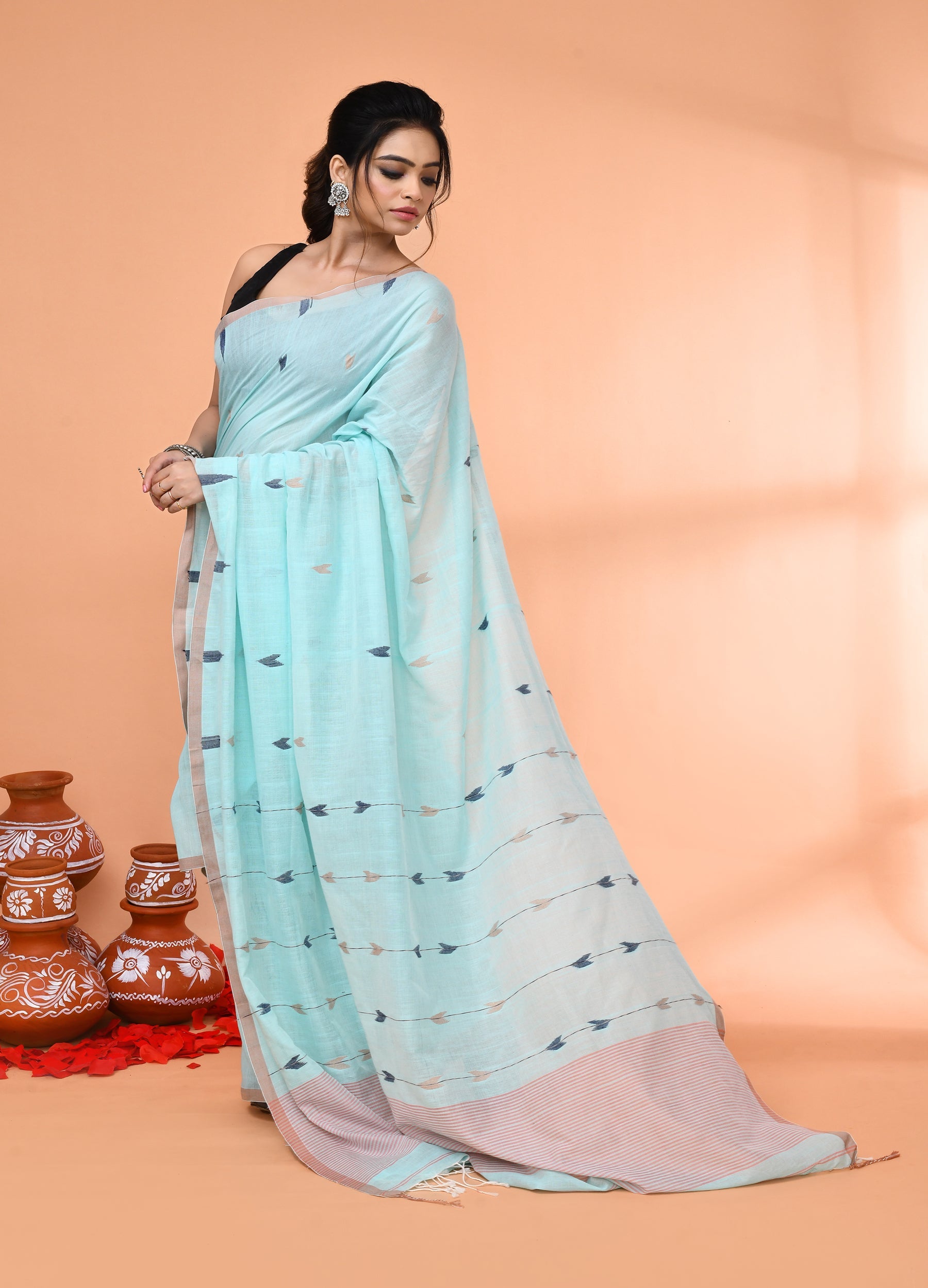 Piyari Fashion Women`s Light Sky Blue Cotton Handloom Jamdani Saree With Blouse - Distacart