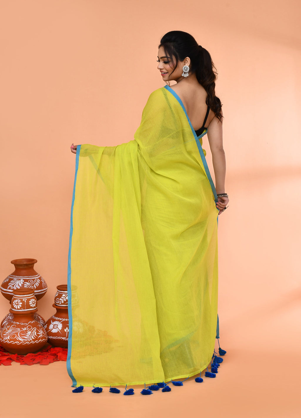 Piyari Fashion Lemon Green Mulmul Cotton Saree With Tassels - Distacart