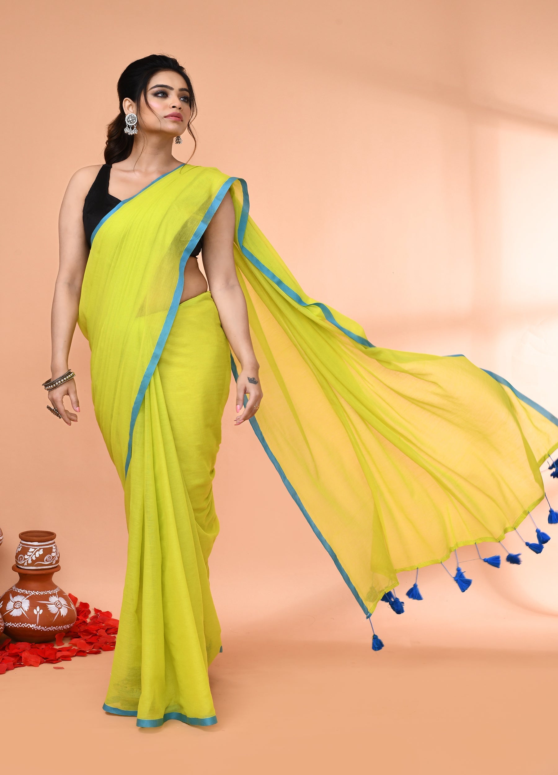 Piyari Fashion Lemon Green Mulmul Cotton Saree With Tassels - Distacart