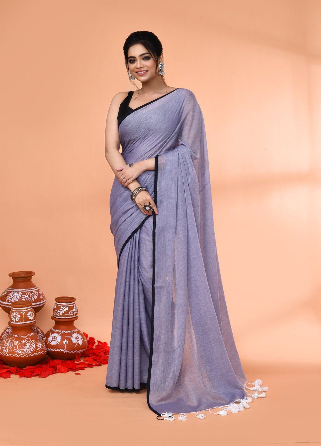 Piyari Fashion Grey Mulmul Cotton Saree With Tassels - Distacart
