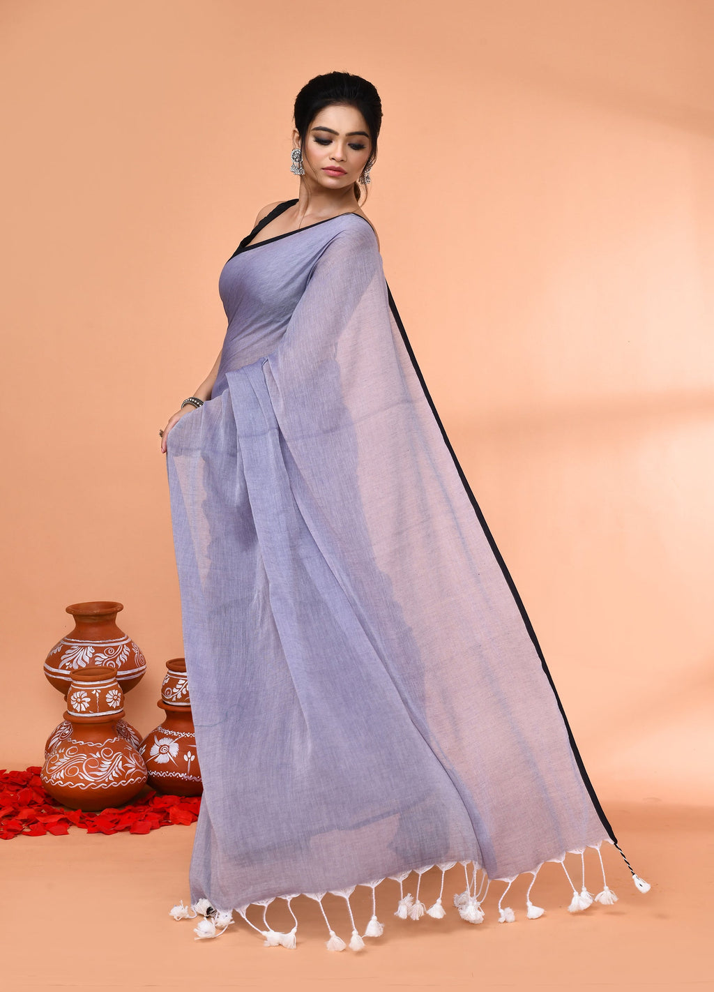 Piyari Fashion Grey Mulmul Cotton Saree With Tassels - Distacart