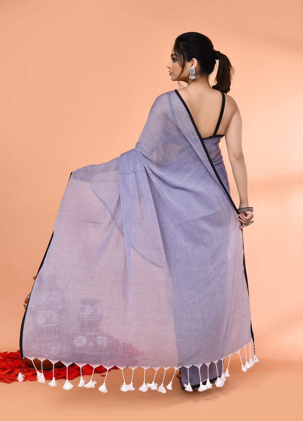 Piyari Fashion Grey Mulmul Cotton Saree With Tassels - Distacart