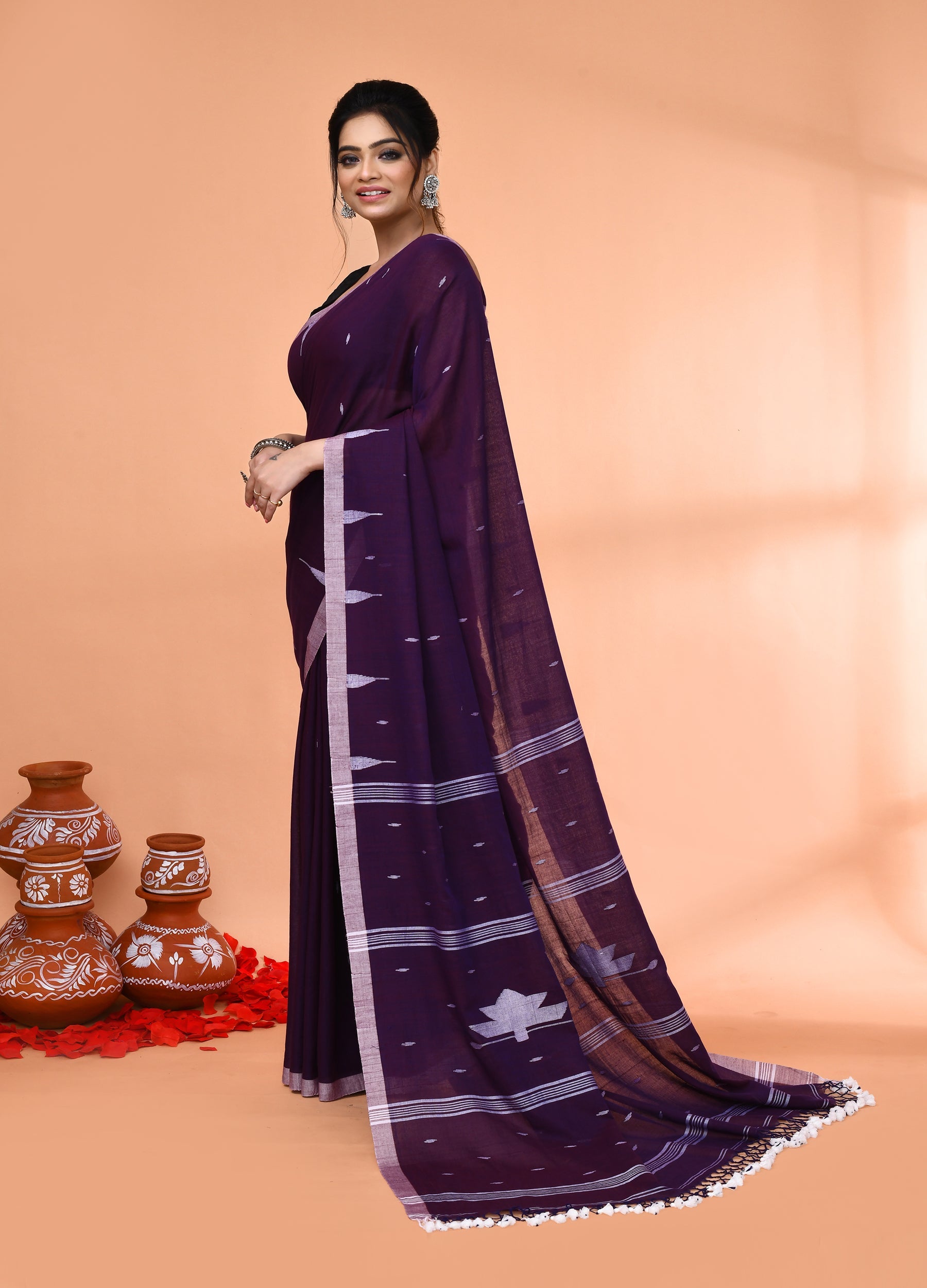 Piyari Fashion Women`s Purple Mul Cotton Handloom Jamdani Saree With Blouse - Distacart
