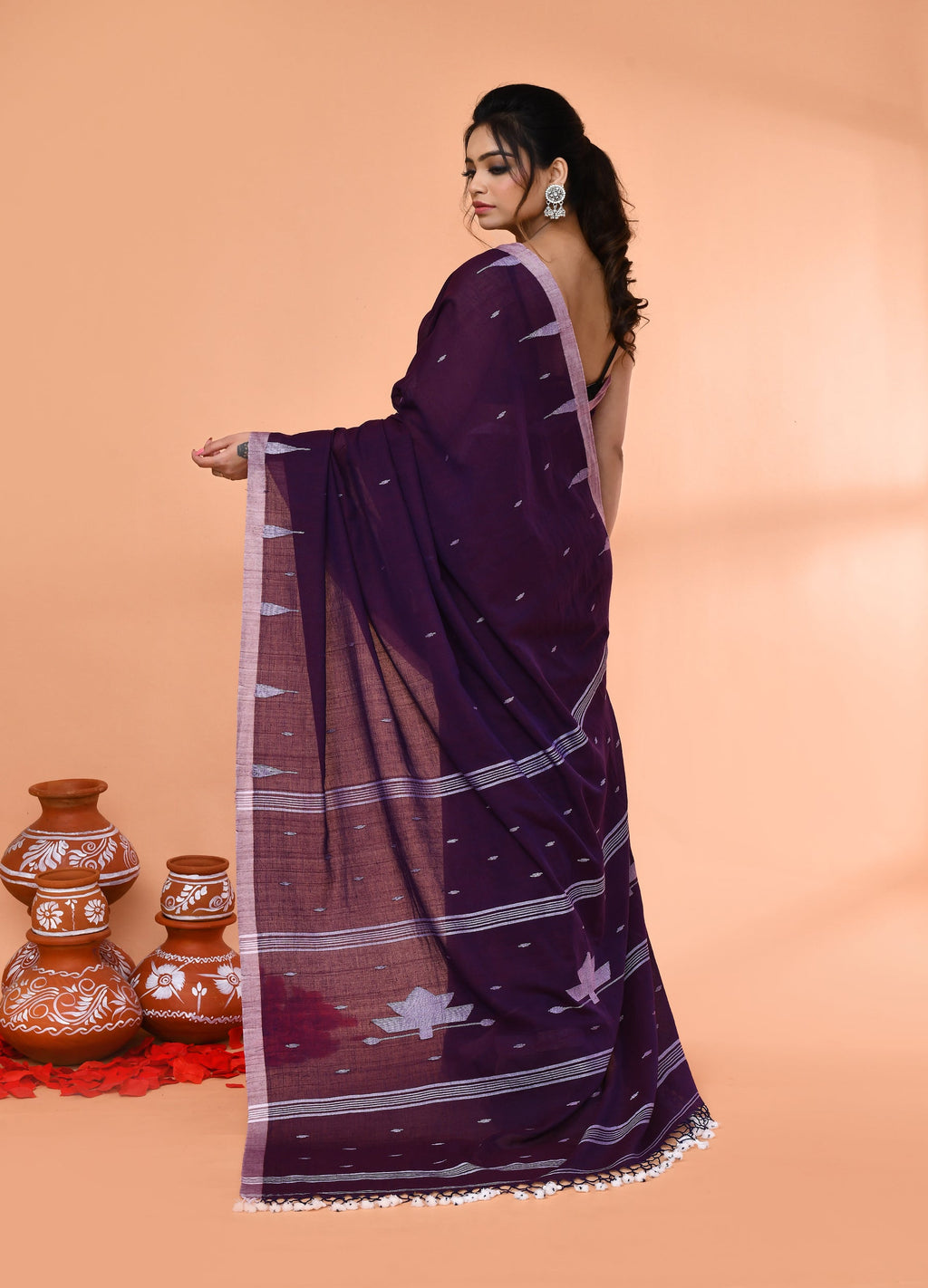 Piyari Fashion Women`s Purple Mul Cotton Handloom Jamdani Saree With Blouse - Distacart