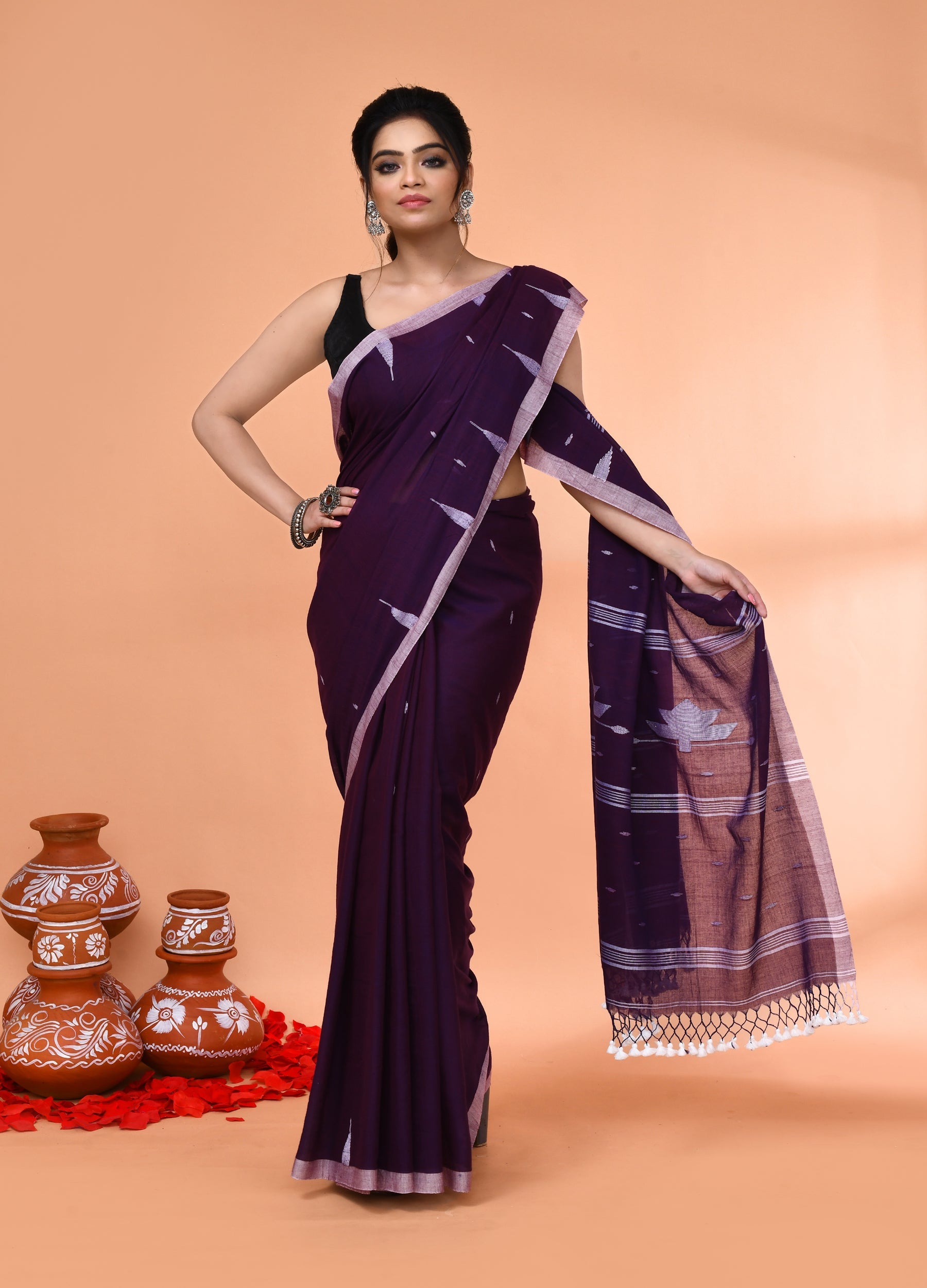Piyari Fashion Women`s Purple Mul Cotton Handloom Jamdani Saree With Blouse - Distacart