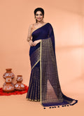 Piyari Fashion Women`s Blue Cotton Handloom Saree With Gold Zari Stripes - Distacart