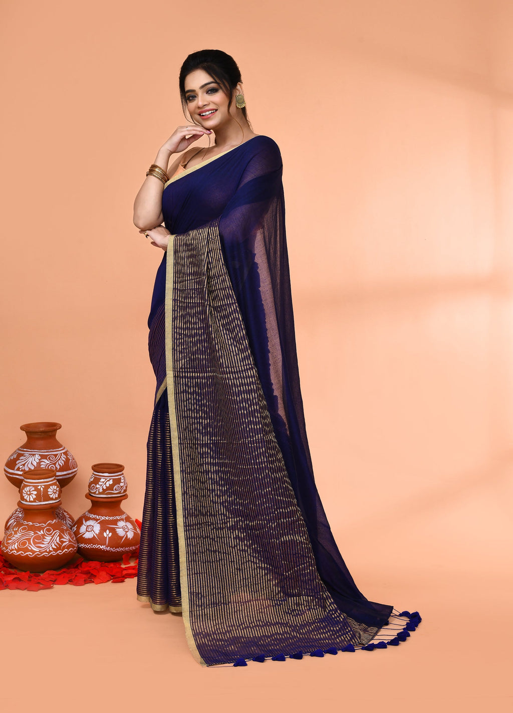 Piyari Fashion Women`s Blue Cotton Handloom Saree With Gold Zari Stripes - Distacart