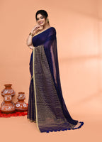 Piyari Fashion Women`s Blue Cotton Handloom Saree With Gold Zari Stripes - Distacart