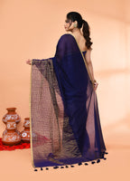 Piyari Fashion Women`s Blue Cotton Handloom Saree With Gold Zari Stripes - Distacart