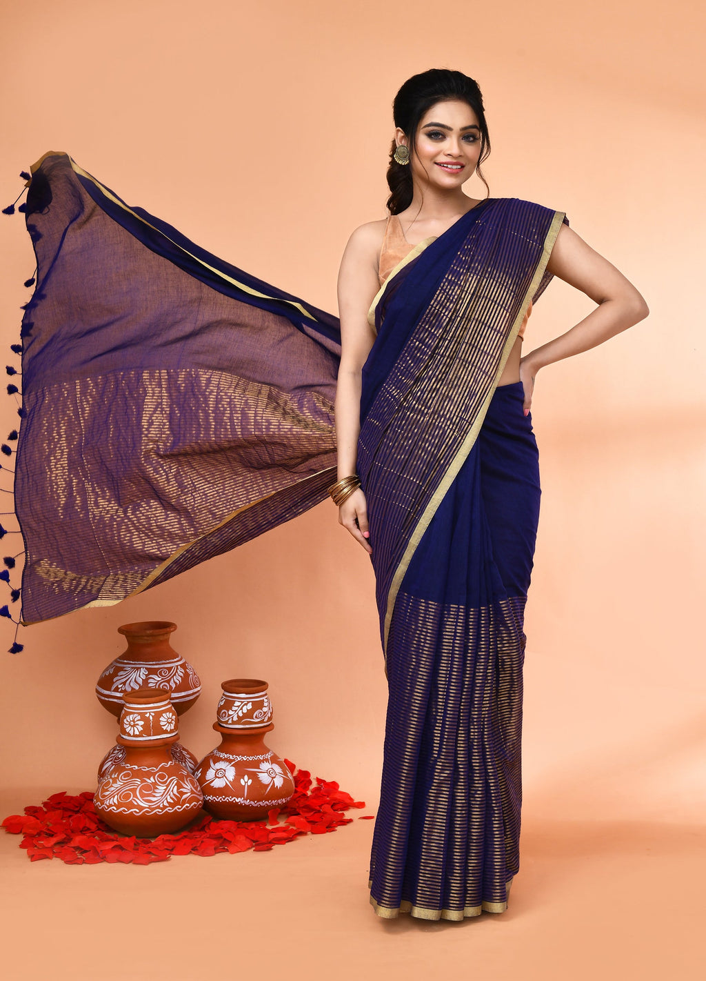 Piyari Fashion Women`s Blue Cotton Handloom Saree With Gold Zari Stripes - Distacart
