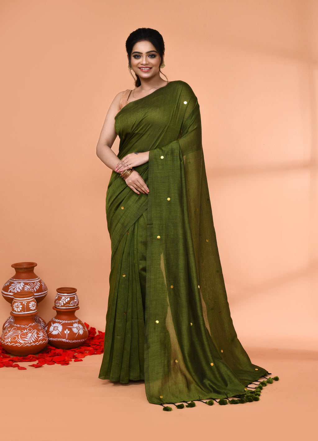 Piyari Fashion Women`s Cotton Handloom Moss Green Sequin Saree With Blouse - Distacart