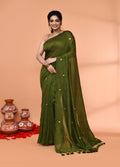 Piyari Fashion Women`s Cotton Handloom Moss Green Sequin Saree With Blouse - Distacart