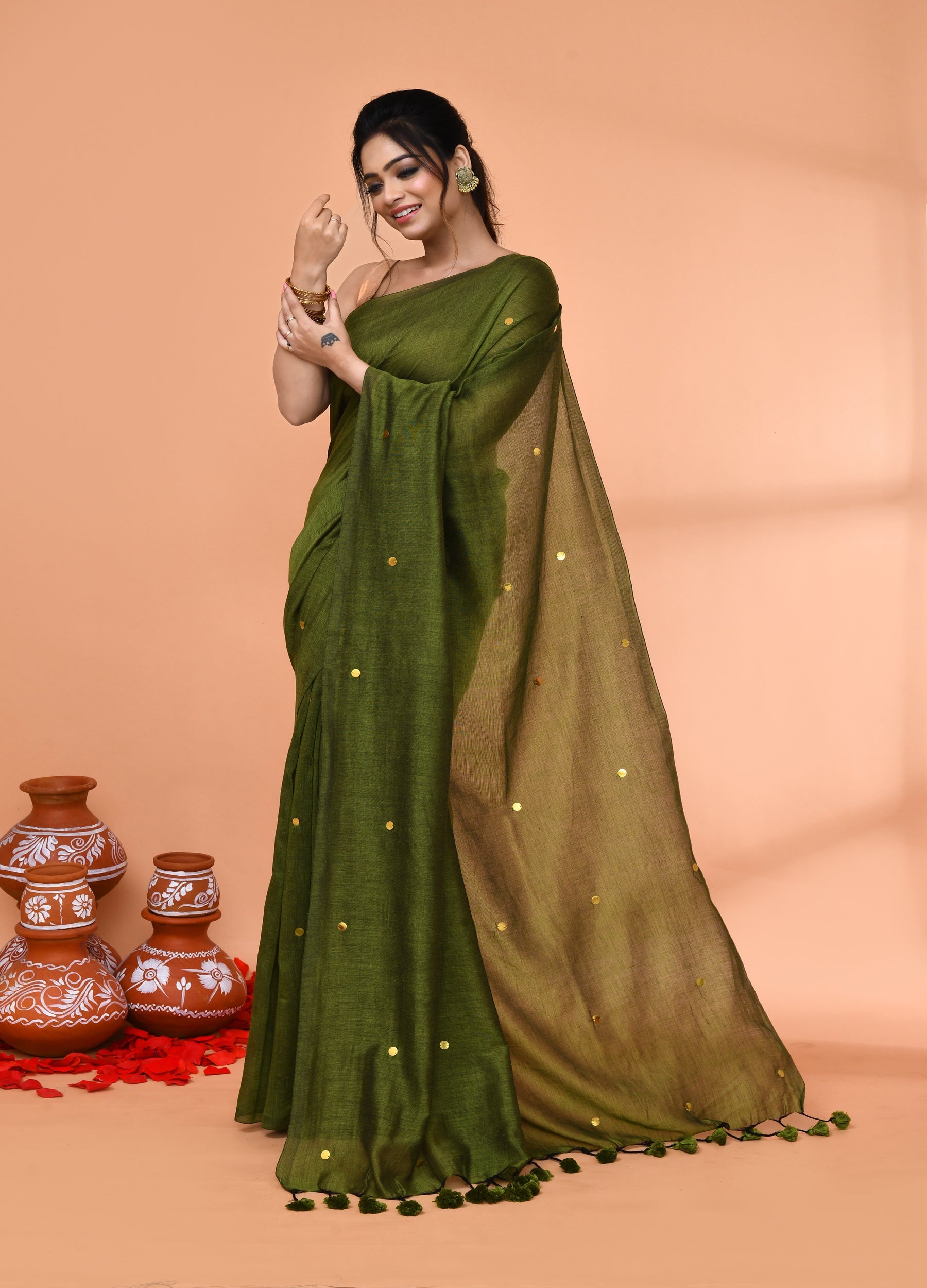 Piyari Fashion Women`s Cotton Handloom Moss Green Sequin Saree With Blouse - Distacart