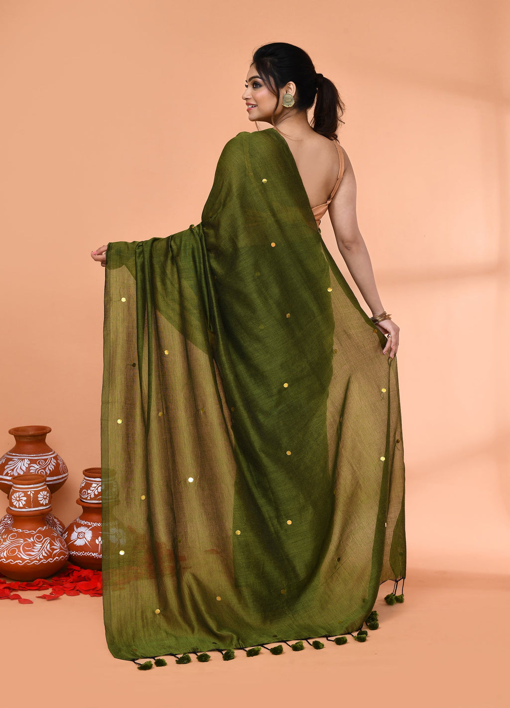 Piyari Fashion Women`s Cotton Handloom Moss Green Sequin Saree With Blouse - Distacart