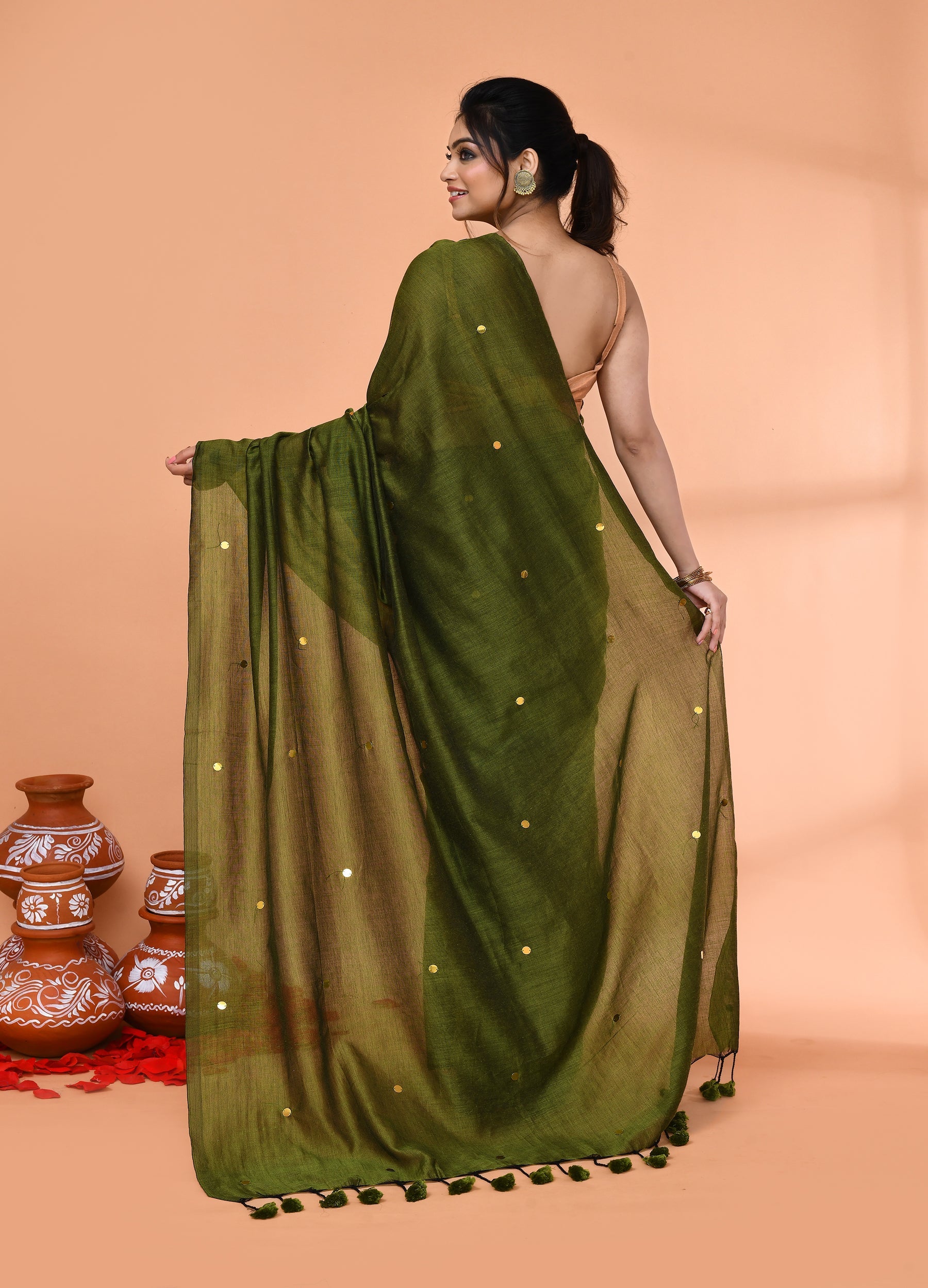 Piyari Fashion Women`s Cotton Handloom Moss Green Sequin Saree With Blouse - Distacart