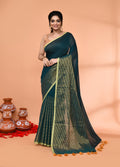 Piyari Fashion Women`s Teal Cotton Handloom Saree With Gold Zari Stripes - Distacart