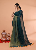 Piyari Fashion Women`s Teal Cotton Handloom Saree With Gold Zari Stripes - Distacart