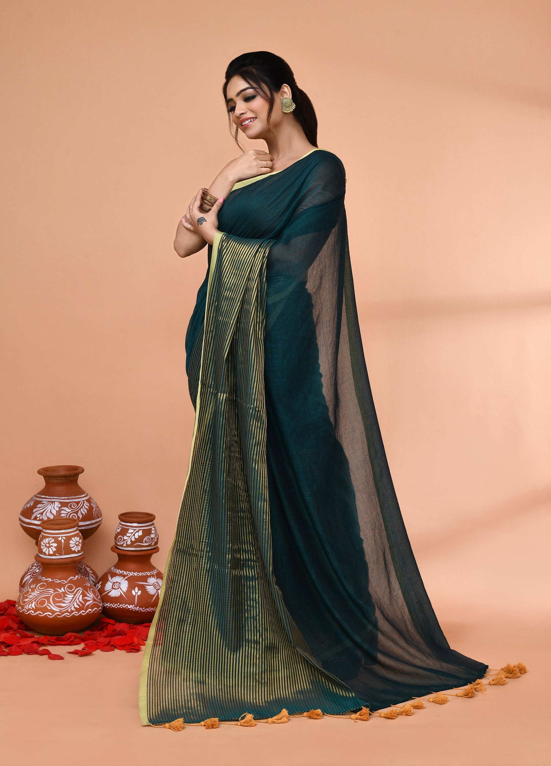 Piyari Fashion Women`s Teal Cotton Handloom Saree With Gold Zari Stripes - Distacart