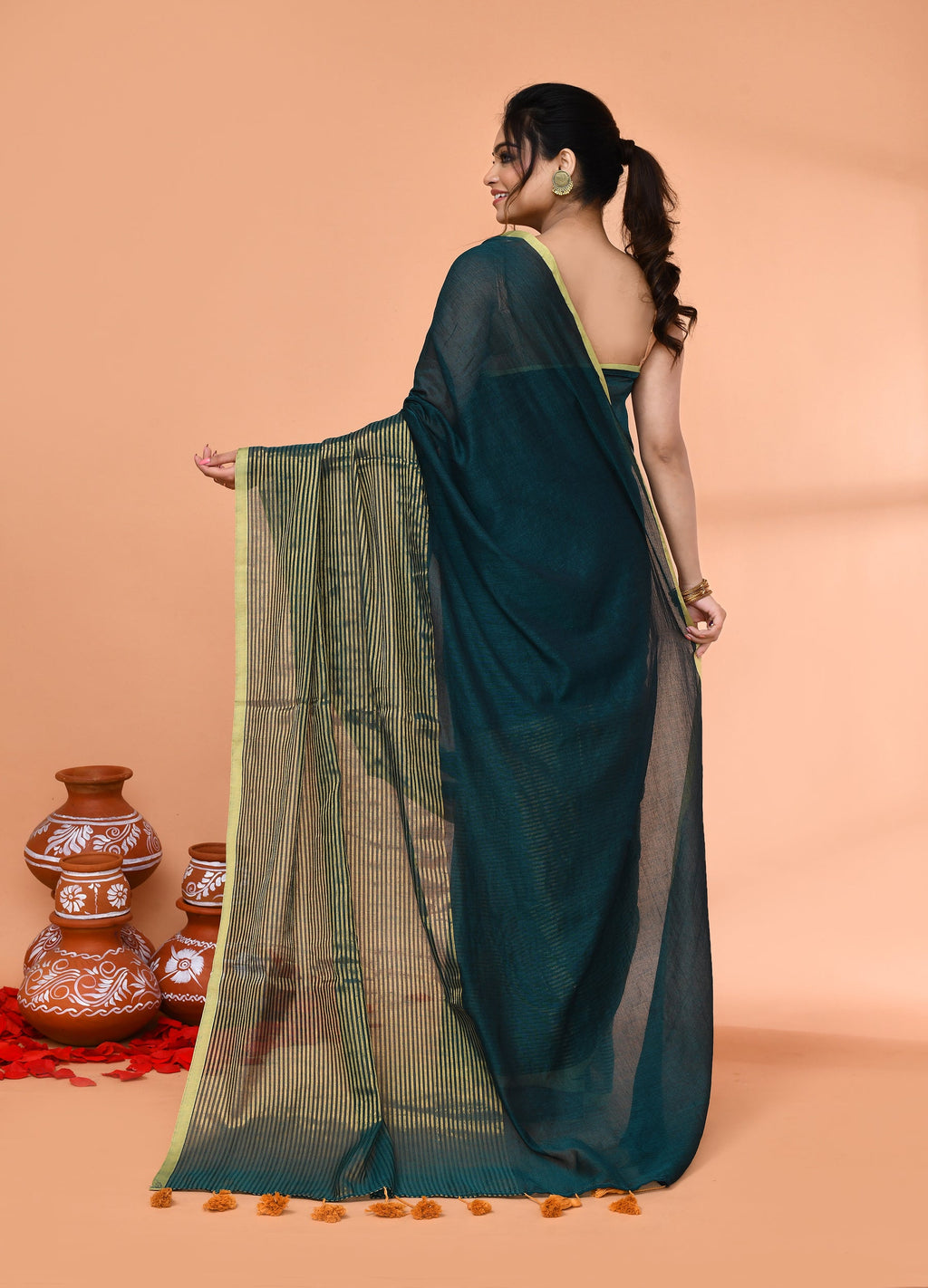 Piyari Fashion Women`s Teal Cotton Handloom Saree With Gold Zari Stripes - Distacart