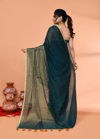 Piyari Fashion Women`s Teal Cotton Handloom Saree With Gold Zari Stripes - Distacart