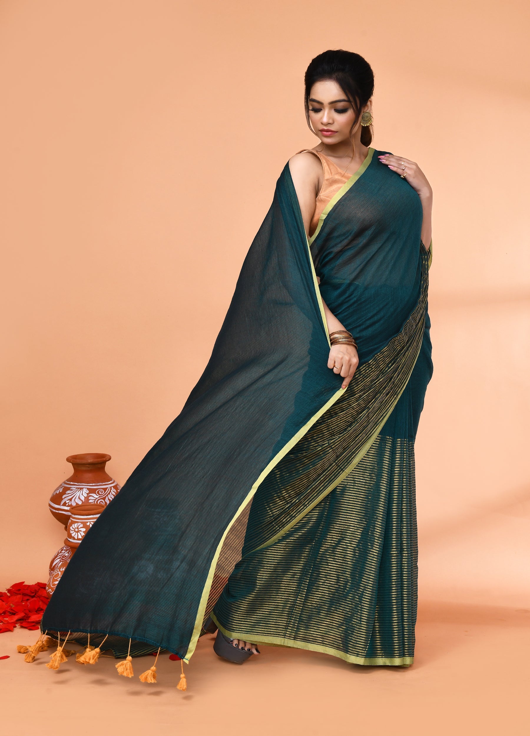 Piyari Fashion Women`s Teal Cotton Handloom Saree With Gold Zari Stripes - Distacart
