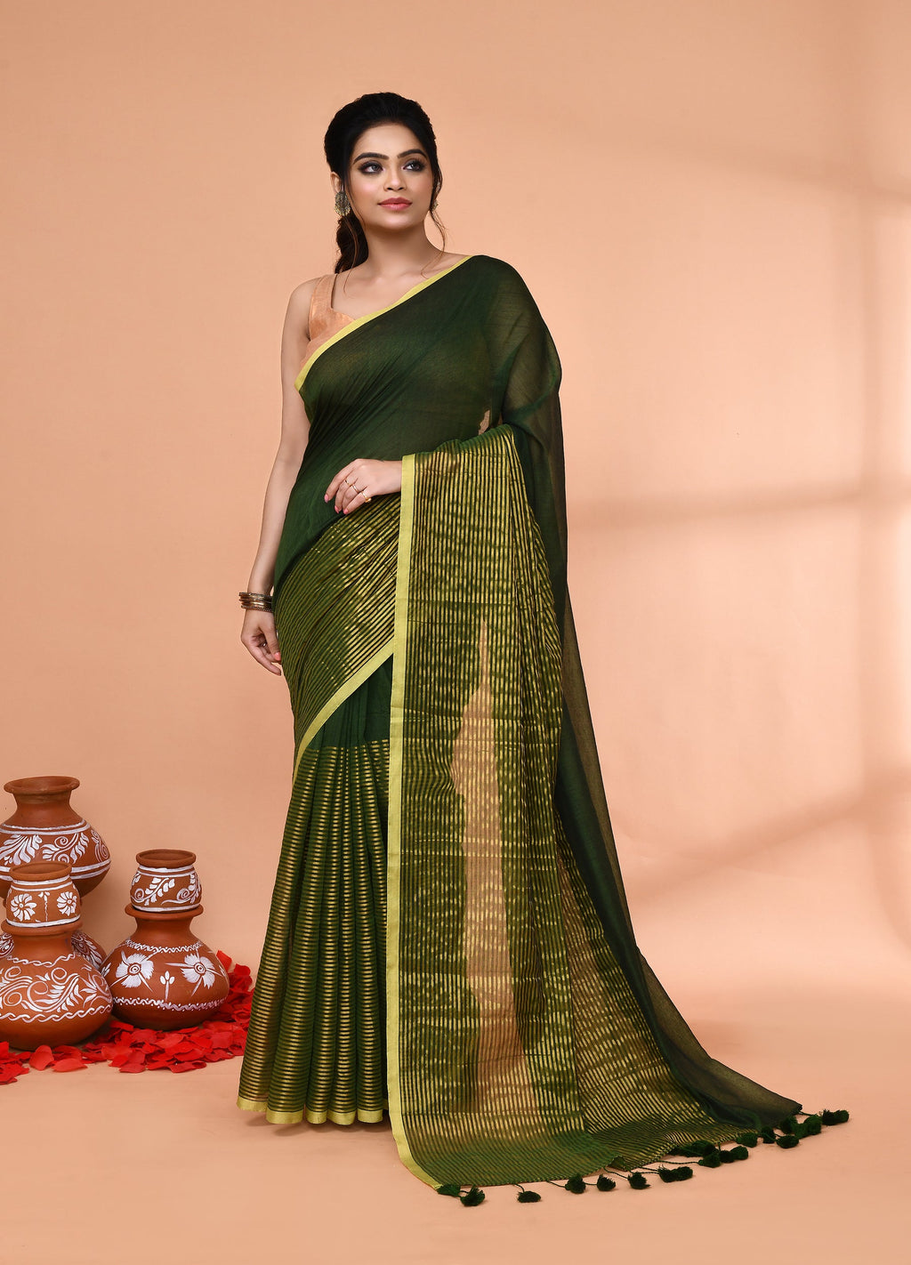 Piyari Fashion Women`s Dark Green Cotton Handloom Saree With Gold Zari Stripes - Distacart