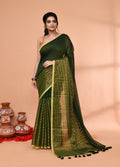Piyari Fashion Women`s Dark Green Cotton Handloom Saree With Gold Zari Stripes - Distacart