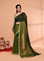 Piyari Fashion Women`s Dark Green Cotton Handloom Saree With Gold Zari Stripes - Distacart