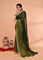 Piyari Fashion Women`s Dark Green Cotton Handloom Saree With Gold Zari Stripes - Distacart