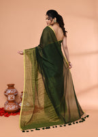 Piyari Fashion Women`s Dark Green Cotton Handloom Saree With Gold Zari Stripes - Distacart