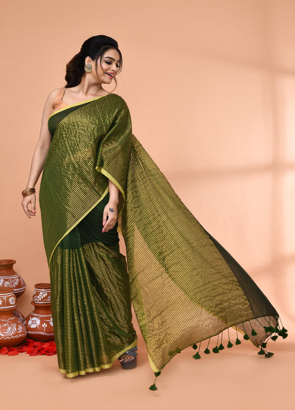 Piyari Fashion Women`s Dark Green Cotton Handloom Saree With Gold Zari Stripes - Distacart