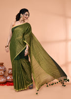 Piyari Fashion Women`s Dark Green Cotton Handloom Saree With Gold Zari Stripes - Distacart