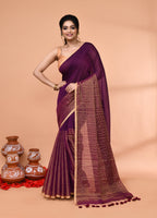 Piyari Fashion Women`s Magenta Cotton Handloom Saree With Gold Zari Stripes - Distacart