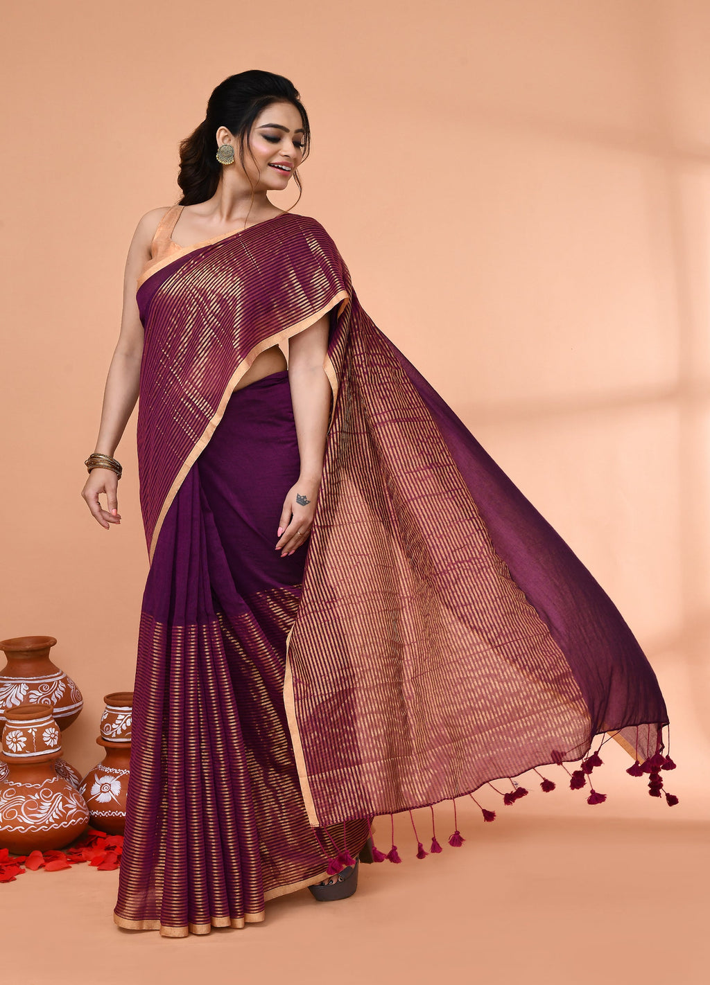 Piyari Fashion Women`s Magenta Cotton Handloom Saree With Gold Zari Stripes - Distacart
