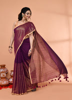 Piyari Fashion Women`s Magenta Cotton Handloom Saree With Gold Zari Stripes - Distacart