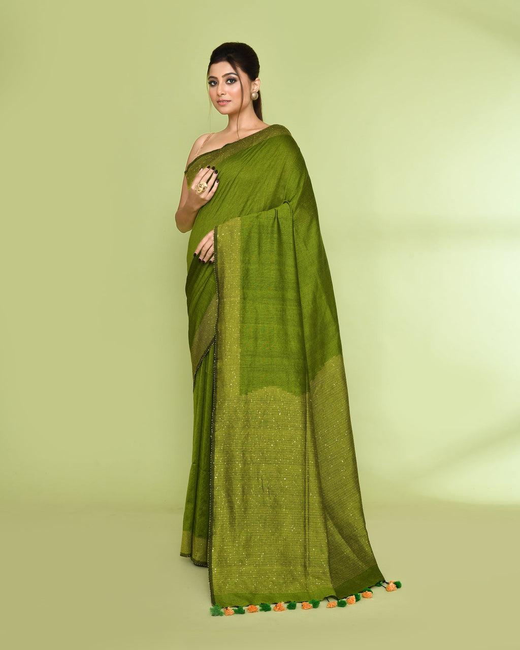 Piyari Fashion Women's Apple Green Embellished Sequined Cotton Saree - Distacart