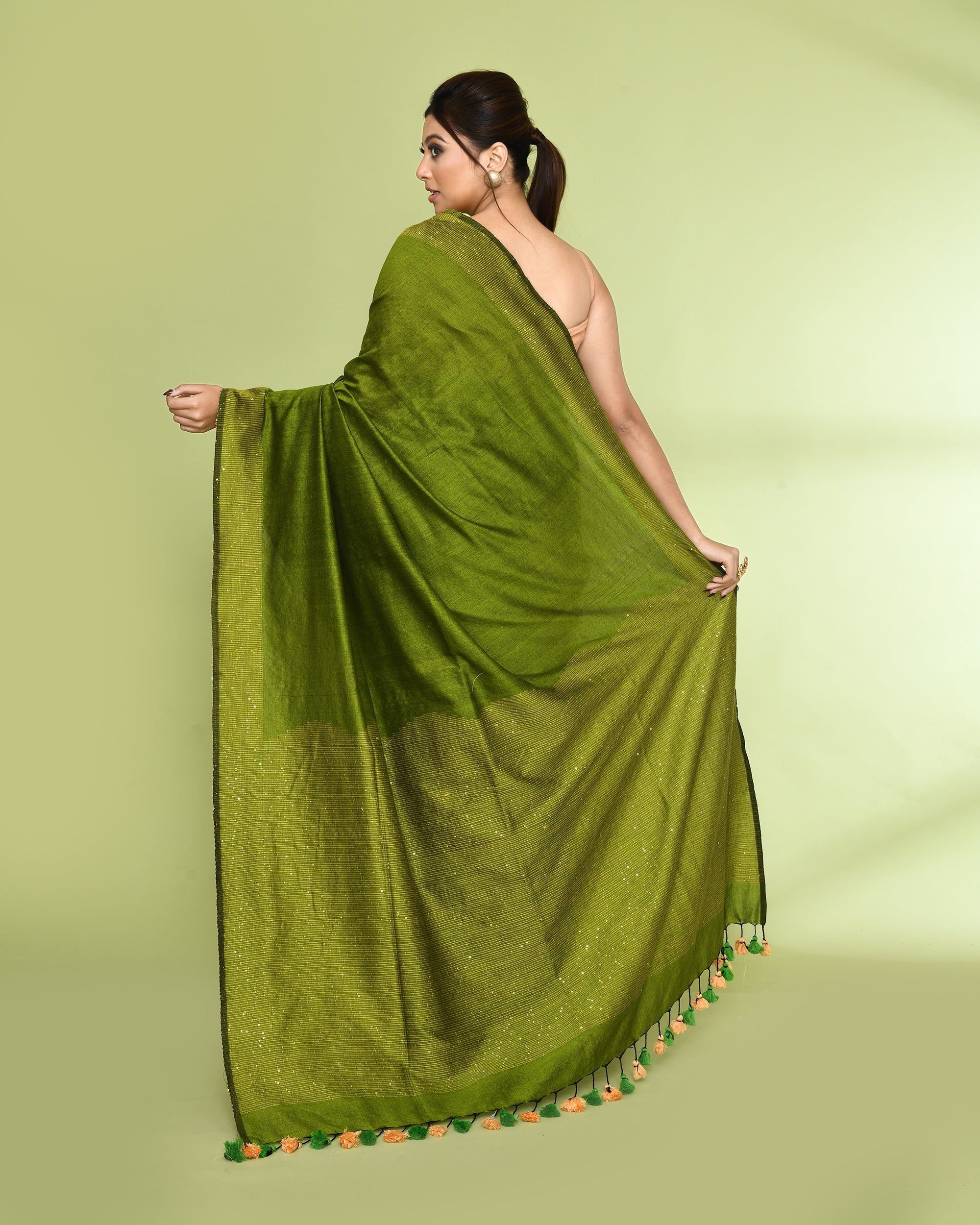 Piyari Fashion Women's Apple Green Embellished Sequined Cotton Saree - Distacart