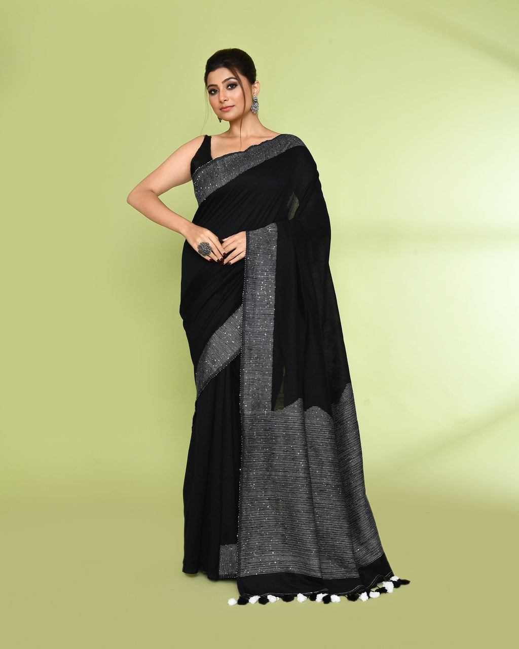 Piyari Fashion Women's Black Embellished Sequined Cotton Saree - Distacart