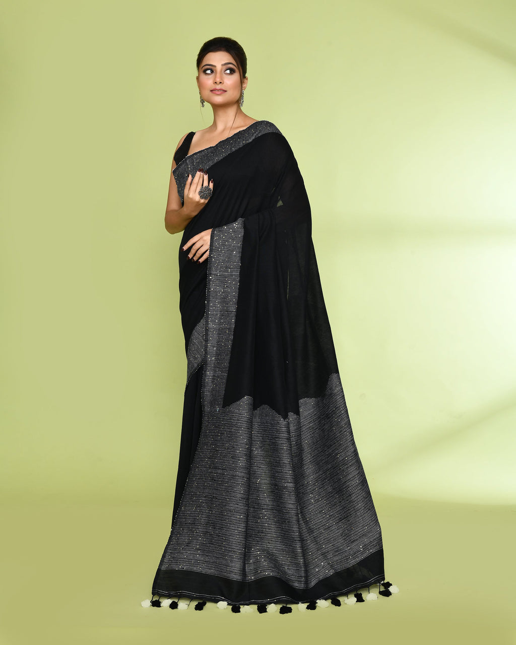 Piyari Fashion Women's Black Embellished Sequined Cotton Saree - Distacart