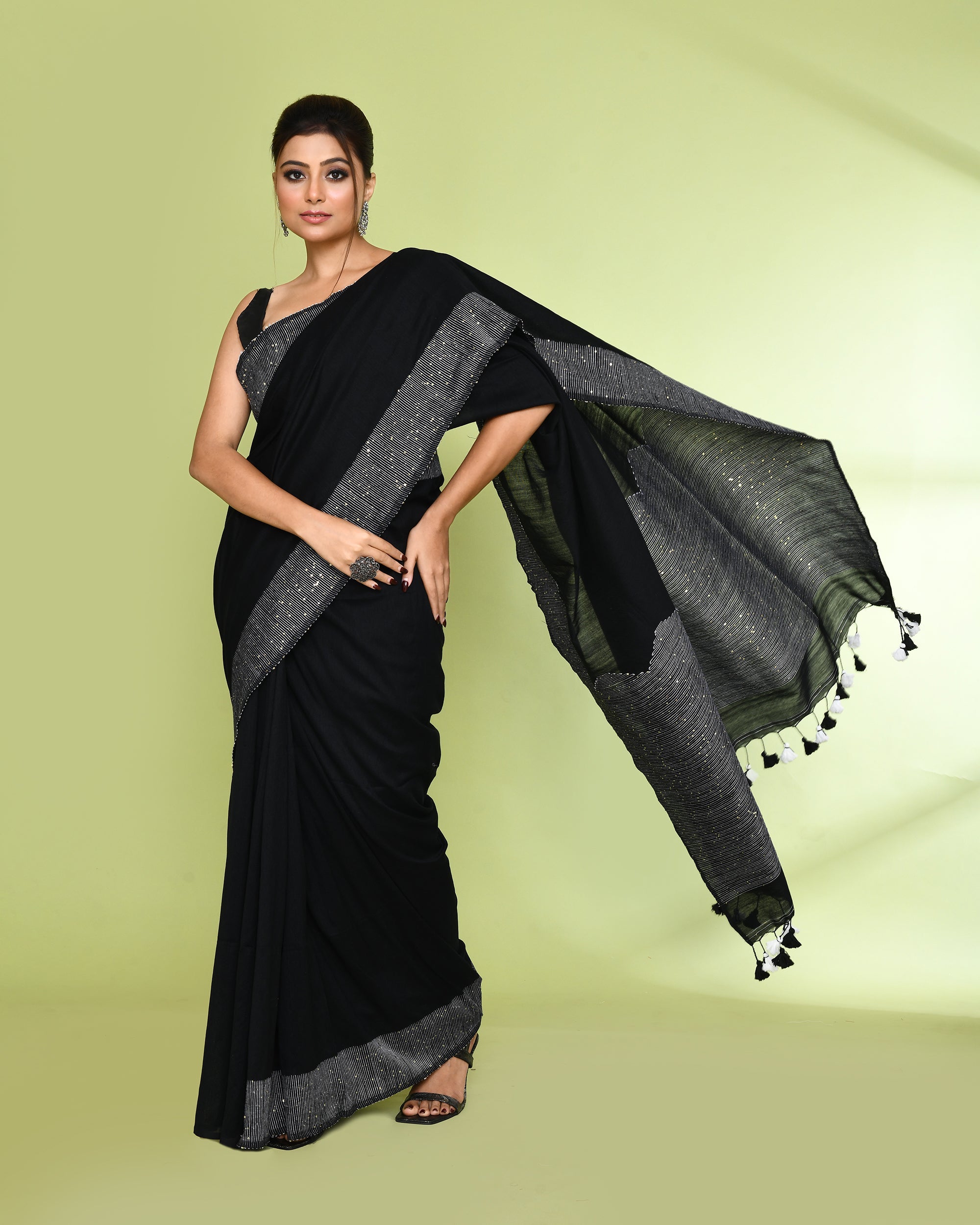Piyari Fashion Women's Black Embellished Sequined Cotton Saree - Distacart