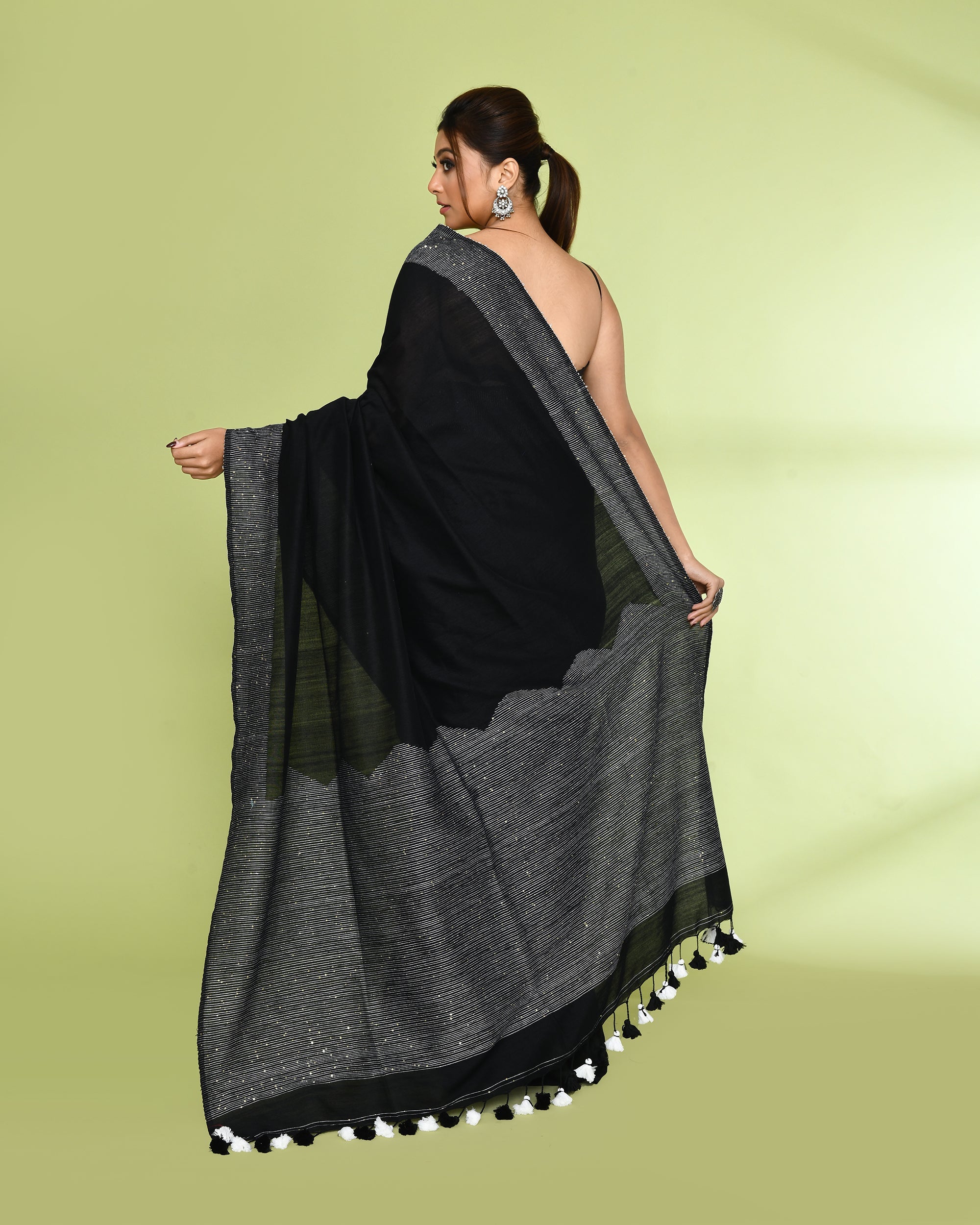 Piyari Fashion Women's Black Embellished Sequined Cotton Saree - Distacart