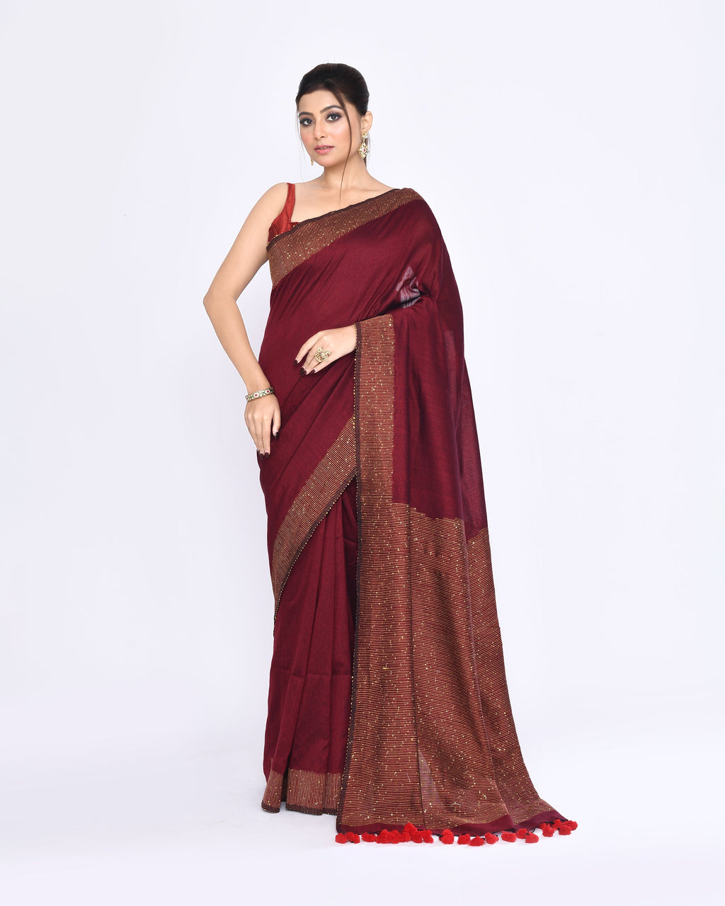 Piyari Fashion Women's Maroon Embellished Sequined Cotton Saree - Distacart