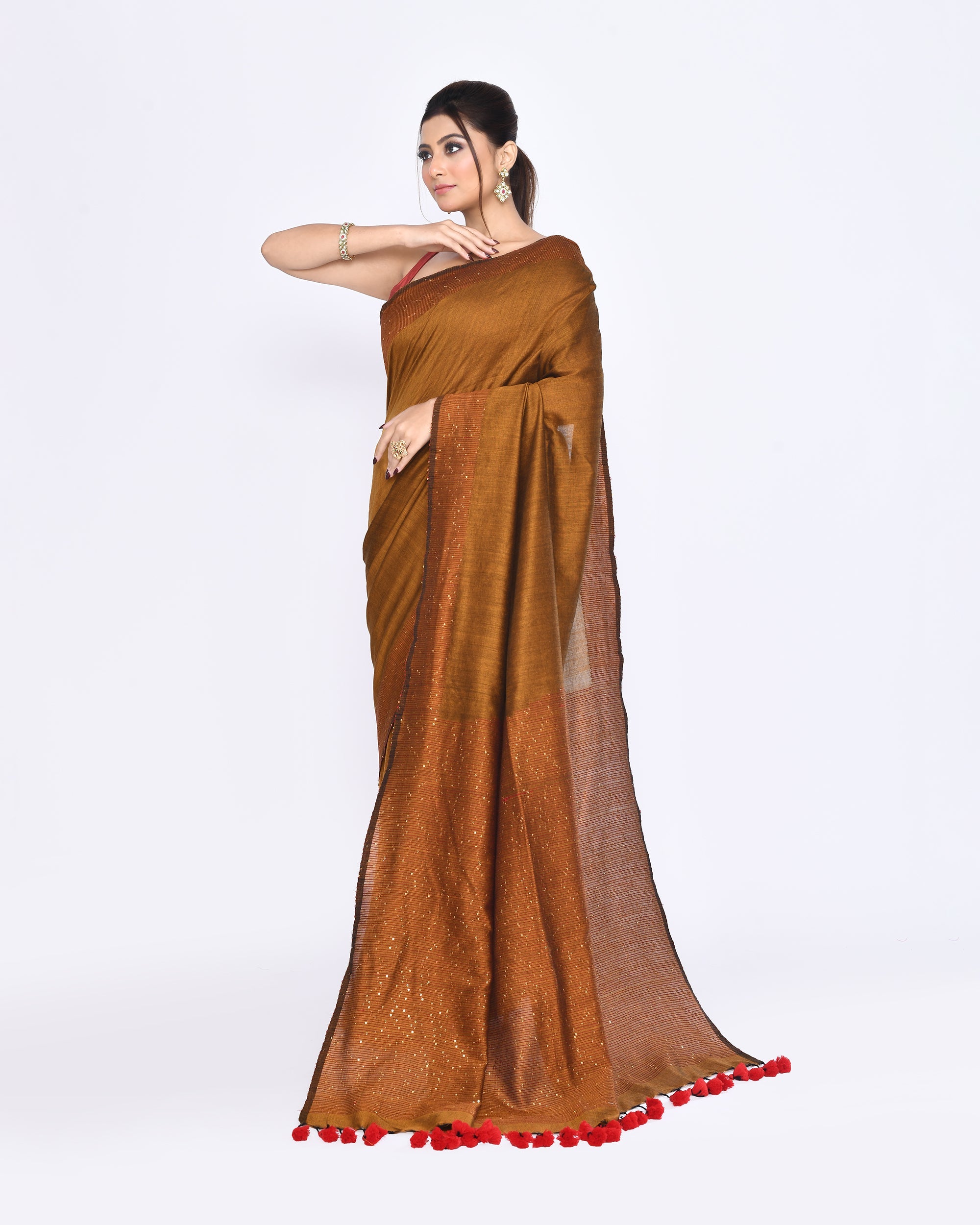 Piyari Fashion Women's Bronze Embellished Sequined Cotton Saree - Distacart